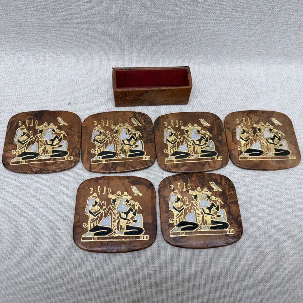 Vintage Egyptian Leather‎ Coasters Set of 6 with Holder Brown Gold Embossed